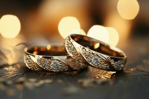 ai gerado precioso bandas prata e ouro Casamento argolas, bokeh fundo fascinar foto