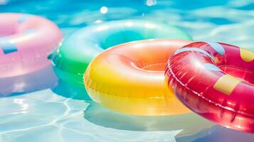 ai gerado muitos colorida inflável argolas flutuando dentro uma piscina, criando uma vibrante e brincalhão cena do verão Diversão. generativo ai foto