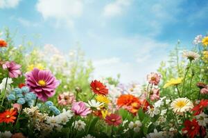 ai gerado vívido jardim com vibrante flores, florescente plantas, e amplo espaço para seu mensagem foto