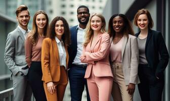 ai gerado colorida o negócio equipe em pé dentro frente do escritório foto