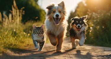 ai gerado cachorros corre dentro Relva e gatos corre em a frente Jardim foto