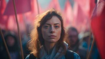 ai gerado uma mulher carrinhos antes uma multidão do pessoas durante uma protesto. generativo ai foto