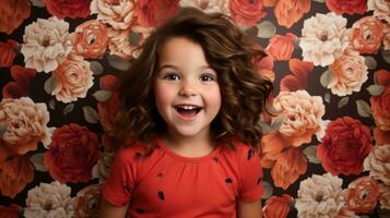 ai gerado uma cabelo encaracolado pequeno menina alegremente poses dentro frente do uma floral papel de parede. generativo ai foto