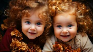 ai gerado dois pequeno meninas com encaracolado e vermelho cabelo estão sorridente. generativo ai foto