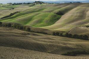 colhido Campos e prados panorama dentro toscana, Itália. ondulado país cenário às outono pôr do sol. arável terra pronto para a agrícola temporada. foto