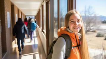 ai gerado uma feliz aluna dentro a laranja Jaqueta caminhando baixa uma corredor. generativo ai foto