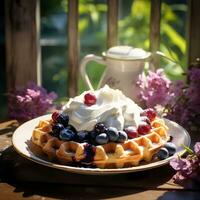 ai gerado waffles com açoitado creme e framboesas e cranberries dentro uma prato em uma cinzento mesa foto