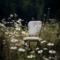 ai gerado branco cadeira dentro a parque a grande verde campo. cadeira dentro a Relva Prado com uma branco margarida e amarelo dente de leão flor, cenário dentro a manhã Primavera estação foto