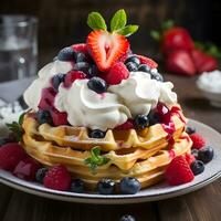 ai gerado waffles com açoitado creme e framboesas e cranberries dentro uma prato em uma cinzento mesa foto