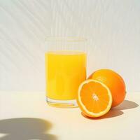 ai gerado laranja suco dentro a vidro em branco fundo com sombra do Sol dentro manhã Sol claro. fresco suculento laranjas, fresco espremido laranja suco, refrescante verão bebida. foto
