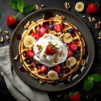 ai gerado Alto ângulo Visão do café da manhã servido em mesa. waffle com mirtilo geléia e açoitado creme. foto