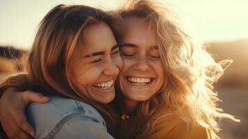 ai gerado dois mulheres abraçando calorosamente e sorridente debaixo a brilhante Sol. generativo ai foto