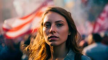 ai gerado uma mulher carrinhos antes uma multidão do pessoas durante uma protesto. generativo ai foto