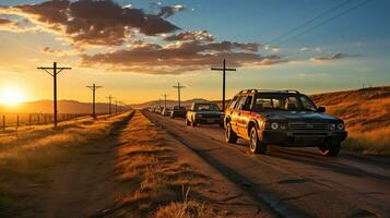 ai gerado abandonado carros dentro linhas às pôr do sol. generativo ai foto