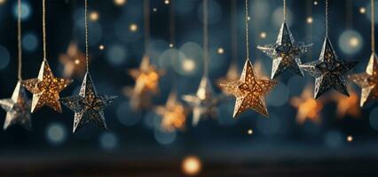 ai gerado Natal e Novo ano feriados fundo com prata e ouro estrelas em bokeh fundo. foto