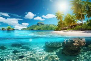 ai gerado tropical de praia às Seychelles, la digue ilha, lindo tropical ilha panorama Visão em uma ensolarado dia, ai gerado foto