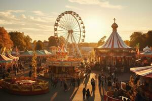 ai gerado diversão parque com pessoas e ferris roda às pôr do sol, Cerveja tendas e feira passeios em a oktoberfest dentro Munique, ai gerado foto