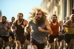 ai gerado grupo do pessoas corrida dentro a cidade. saudável estilo de vida e esporte conceito, uma grupo do homens corredores corrida dentro uma estrada corrida, ai gerado foto