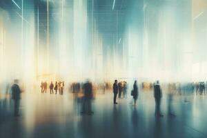 ai gerado borrado imagem do o negócio pessoas caminhando dentro a lobby do a aeroporto, fundo do a expo ou convenção com borrado indivíduos dentro a exposição salão, ai gerado foto