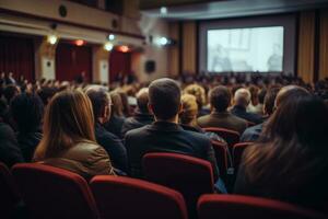 ai gerado alto falante às o negócio conferência e apresentação. público dentro a conferência corredor. o negócio e empreendedorismo, costas Visão do público dentro a conferência salão, ai gerado foto