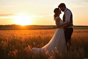 ai gerado lindo noiva e noivo abraçando em trigo campo às pôr do sol. Casamento casal, noiva e noivo abraçando dentro campo às pôr do sol, ai gerado foto