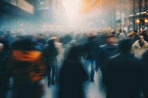 ai gerado borrado imagem do pessoas caminhando dentro a cidade. raso profundidade do campo, borrado multidão do irreconhecível às a rua, ai gerado foto