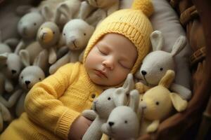 ai gerado fofa recém-nascido bebê Garoto dormindo dentro uma cesta com pelúcia brinquedos, lindo recém-nascido dormindo com tricotado brinquedos, ai gerado foto