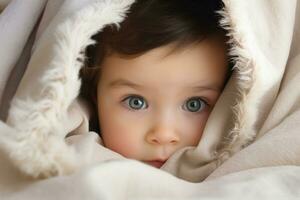 ai gerado retrato do uma fofa pequeno menina com azul olhos dentro uma cobertor, lindo bebê olhando Fora a partir de debaixo cobertor, ai gerado foto