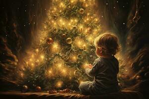 ai gerado pequeno Garoto sentado dentro frente do uma Natal árvore e segurando uma bola, bebê dentro frente do Natal árvore, ai gerado foto