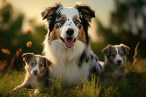 ai gerado australiano pastor com dela filhotes dentro a Prado às pôr do sol. grupo do australiano pastor cães, aussie cachorro mãe com filhotes jogando em uma verde Prado terra, ai gerado foto