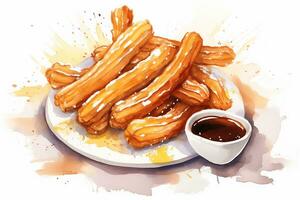 ai gerado aguarela churros com chocolate molho em branco fundo. tradicional latim americano, mexicano comida, cozinha. ai gerado. foto