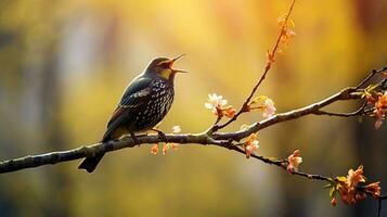 ai gerado dentro cedo primavera, uma estorninho canta em uma árvore ramo. ai gerado. foto