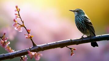 ai gerado dentro cedo primavera, uma estorninho canta em uma árvore ramo. ai gerado. foto