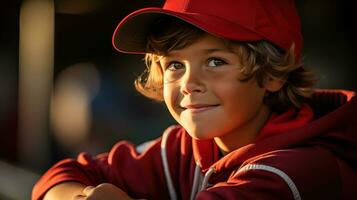 ai gerado jovem Garoto excitadamente esperando Como ele prepara para a beisebol jogo. generativo ai foto