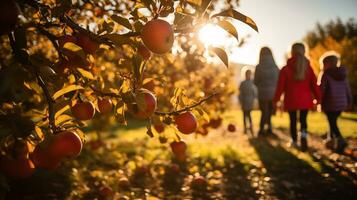 ai gerado uma movimentado outono maçã Pomar, famílias colheita fresco maçãs generativo ai foto