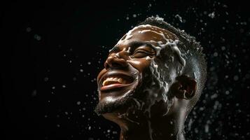 ai gerado bonito jovem africano americano homem levando banho com espuma em Preto fundo. generativo ai foto