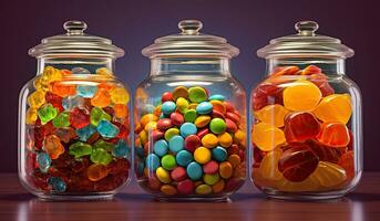 vidro frascos com diferente doces brilhante colorida foto