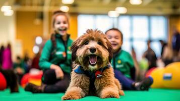 ai gerado a criança regozija-se com uma brincalhão cachorro dentro a animal loja. generativo ai foto