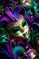 ai gerado vívido mardi gras fundo apresentando máscaras, serpentinas, e animado cores, foto