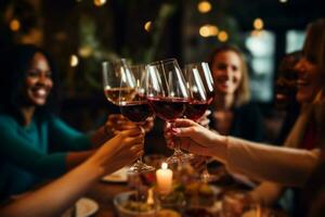 ai gerado fêmea amigos brindar vinho óculos durante uma encontro às a jantar mesa foto