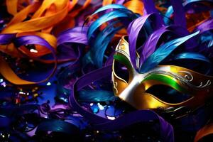 ai gerado vívido mardi gras fundo apresentando máscaras, serpentinas, e animado cores, foto