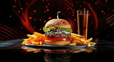 ai gerado Hamburger com fritas em a mesa foto