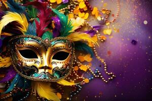 ai gerado uma vívido carnaval fundo preenchidas com animado cores, máscaras, e festivo talento foto