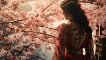 ai gerado uma chinês menina dentro frente do milhares do cereja flores foto