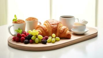 ai gerado uma delicioso café da manhã quadro apresentando croissants, bagas, e vapor café foto