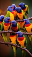 ai gerado uma grupo do brilhantemente colori Lorikeets empoleirado em uma árvore ramo foto