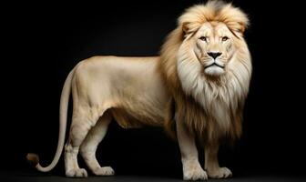 ai gerado uma leão com grandes cabelo é em pé em uma Sombrio fundo foto