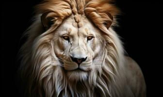 ai gerado uma leão com grandes cabelo é em pé em uma Sombrio fundo foto