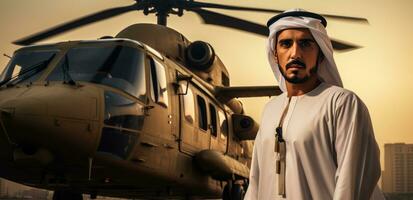 ai gerado uma homem dentro árabe em pé dentro frente do uma ampla helicóptero dentro frente do cidade foto