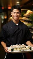 ai gerado bonito chefe de cozinha segurando uma bandeja do belas trabalhada Sushi rolos foto